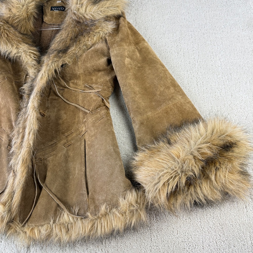 XOXO Leather Jacket Women Small Tan Faux Fur Trim Penny Lane Boho 64249 - Picture 3 of 16